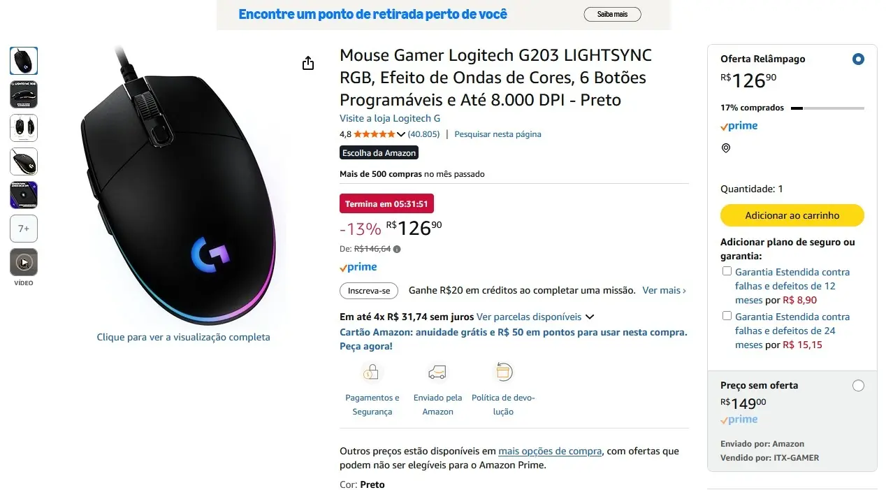 Mouse gamer Logitech G203 LIGHTSYNC RGB sai por R$ 126,90 em ação relâmpago - Imagem do artigo original