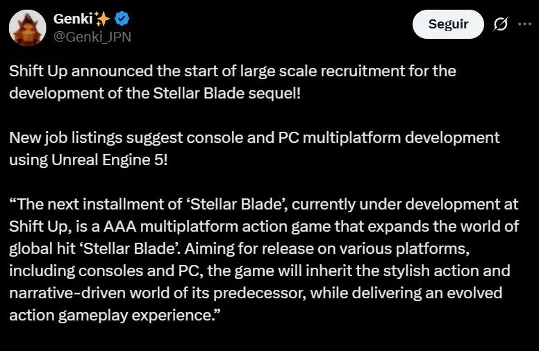 Vaga indica que Stellar Blade 2 será multiplataforma e chegará também aos PCs - Imagem do artigo original